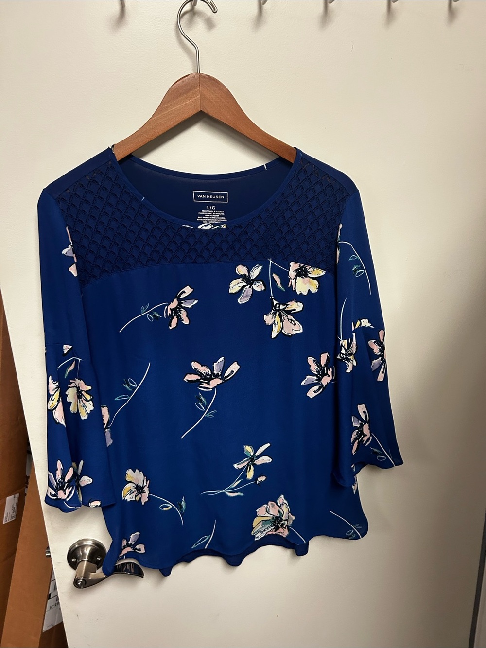 Van Heusen Navy Blue Floral Lace-Yoke Women's Blouse